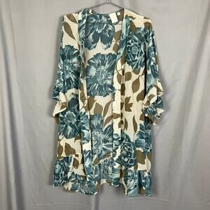 E by Eloise Kimono Womens XS/S Blue Floral Sheer Robe Flowly Ruffle Tiered Hem